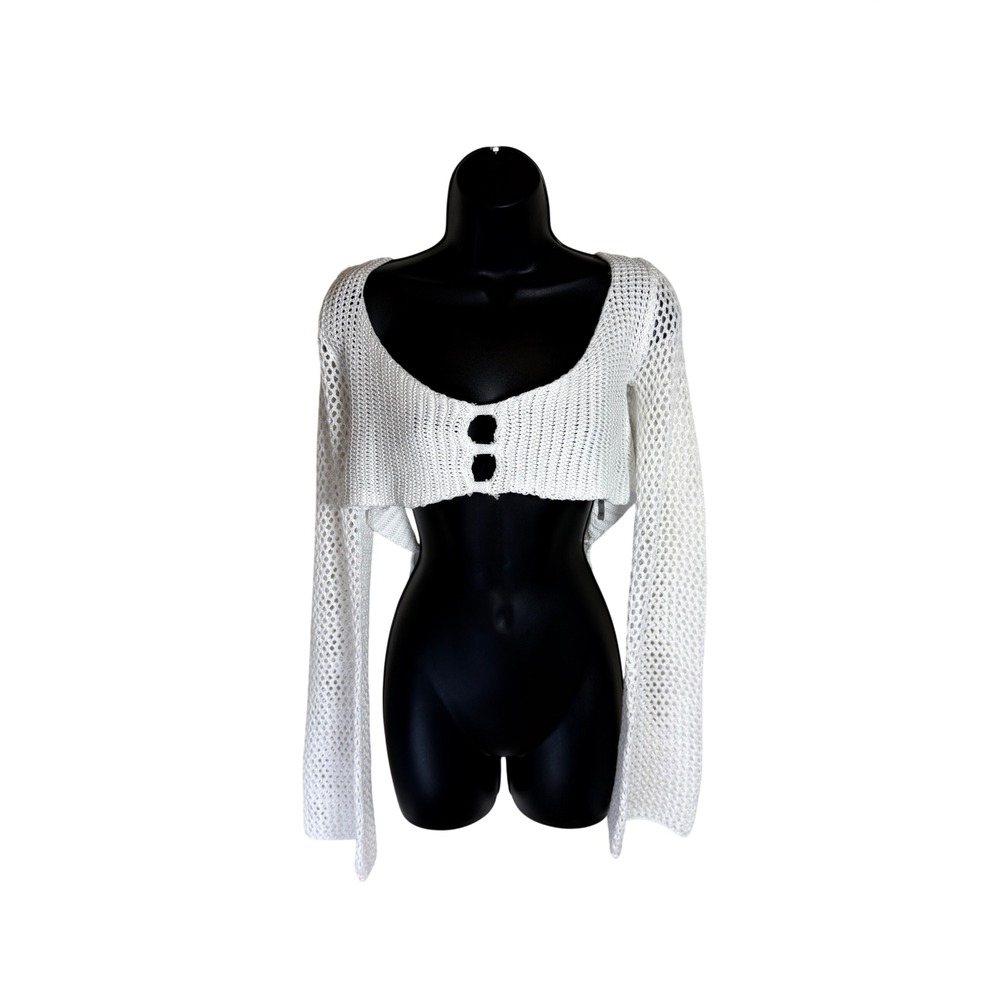 PrettyLittleThing White Fishnet Open Work Crochet Crop Bell Sleeve Cardigan